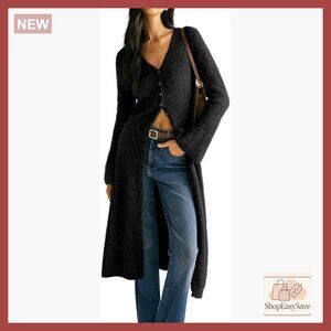 V-Neck Button Maxi Cardigan Sweater Dress Bell Sleeve Open Front Elegant